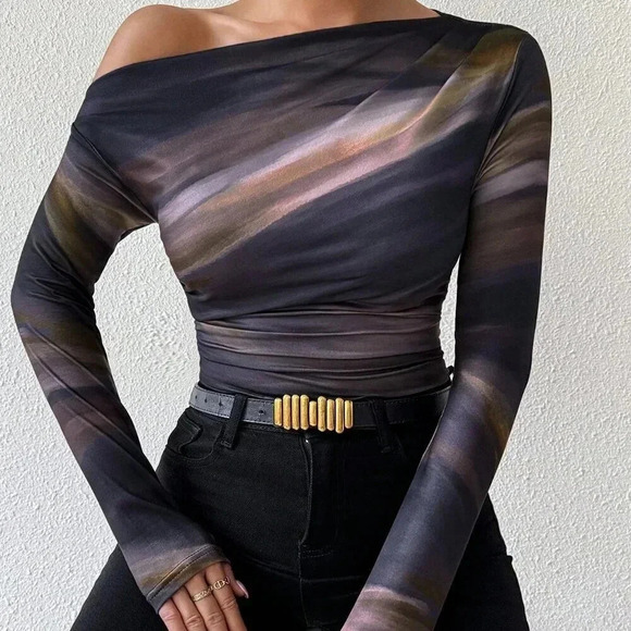 Casual Women's Marble Gradient Print Asymmetrical Neck top - Picture 5 of 6